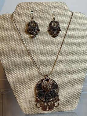 Boho Filigree Coin Pendant Necklace and Earring Set
